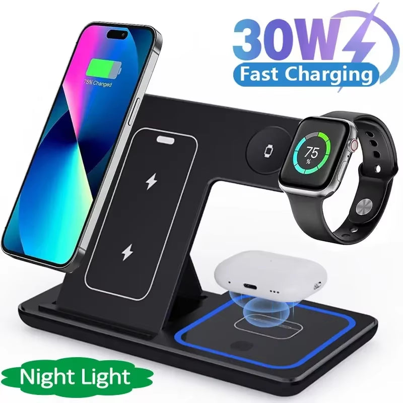 3-in-1 Fast Wireless Charging Station for iPhone, Apple Watch & AirPods Pro – High-Speed Home Dock